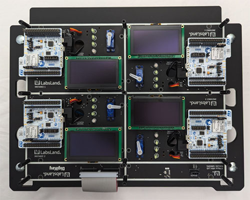 Plate remotizing four STM32 Nucleo WB55RG development boards, ready for integration into a Prism4 unit