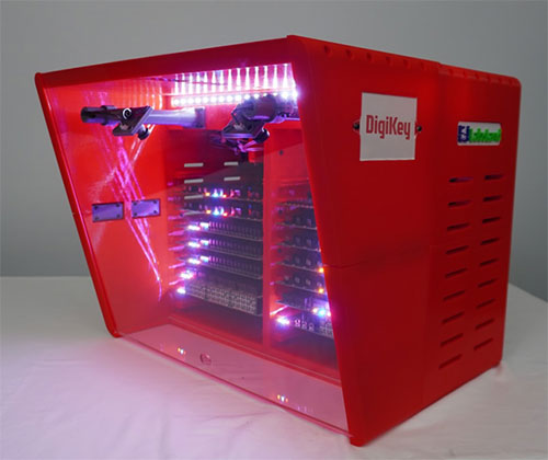 Relay-based boards construct the analog electronic circuits are stacked and connected, with tricolor status LEDs illuminated