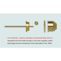 Broken apart magnasphere switch showing the electrode, cap, magnetic ball, and the housing Magnasphere Switch