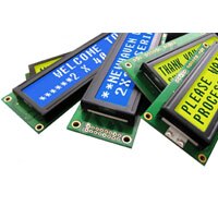Several Newhaven serial display LCDs with blue and yellow backgrounds Serial LCD Displays
