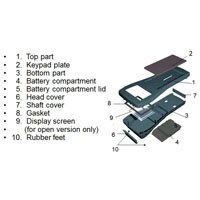 Image of separated handheld enclosure with parts labeled Taguan 180/230 Construction
