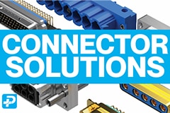 A variety of D-sub connectors with the words Connector Solutions on a blue bar in front of them