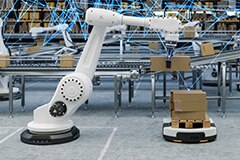 Several robotic arms working in a warehouse with packages running on conveyor belts. Blue lines indicating interconnectivity connect many elements