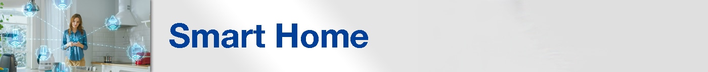Banner with a picture of a woman using a smart device on the left, with little wifi icons exploding out of it. On the right is the text Smart Home