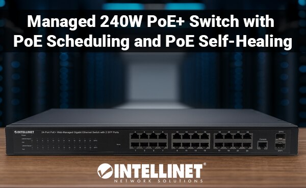 Intellinet Network Solutions 24-Port Gigabit Ethernet PoE+ Web-Managed Switch with 2 SFP Ports, PoE Scheduling, Self-Healing Image of Intellinet Network Solutions 24-Port Gigabit Ethernet PoE+ Web-Managed Switch with 2 SFP Ports, PoE Scheduling, Self-Healing