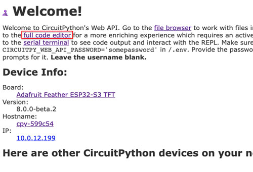 CircuitPython Web Workflow Code Editor Quick Start Image of CircuitPython Web Workflow Code Editor Quick Start