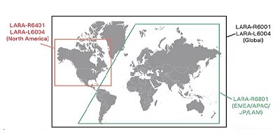 Image of Three regional variants of the LARA-R6 modules cover the globe.