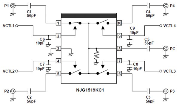 Image of A simplified application circuit showing an SP4T switch from NJR