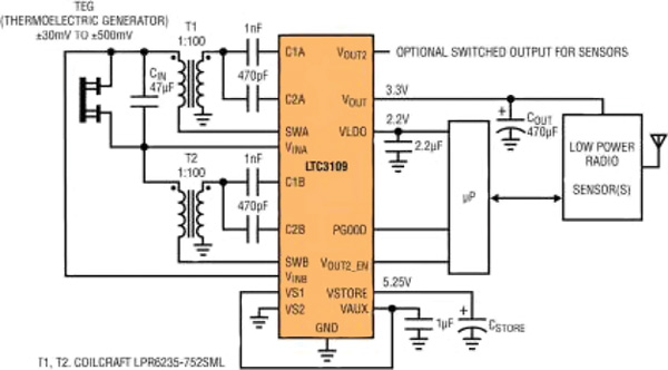 Image of Schematic of Linear’s LTC3109 step up converter