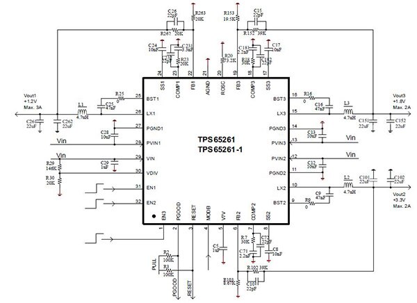 Diagram of Texas Instruments triple-output synchronous step-down converter