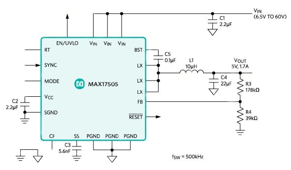 Diagram of Maxim Integrated MAX17505 synchronous step-down DC/DC converter