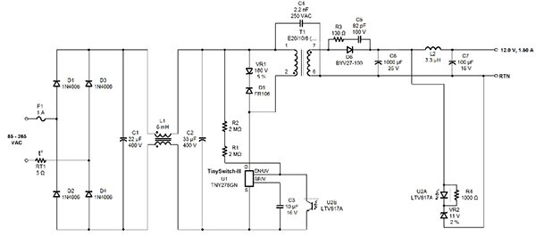 Image of universal input, 12 VDC at 1.5 A output AC/DC converter schematic (click for full-size)