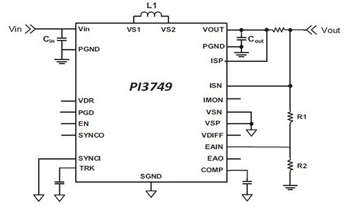 Diagram of Vicor PI3749 DC/DC buck-boost regulator