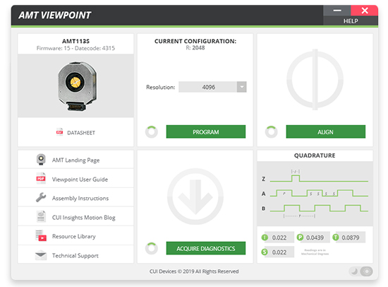 Image of CUI’s AMT Viewpoint GUI offers users the ability to program multiple encoder parameters and access diagnostic data