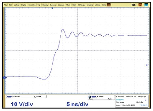 Switching node waveforms of eGaN FET design  (VIN = 48 V, VOUT = 12 V, IOUT = 20 A, fsw = 500 kHz).