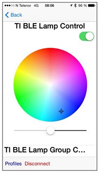 Image of Texas Instruments BLE Lamp controller app running on a smartphone