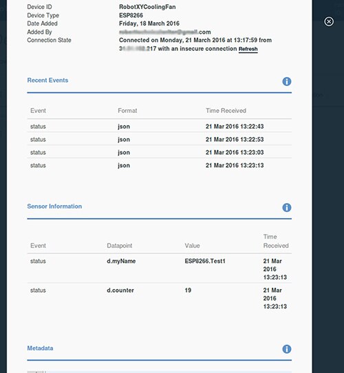 Device summary screen showing recent events and sensor values