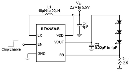 Typical application circuit of Richtek’s RT9285 high frequency boost converter