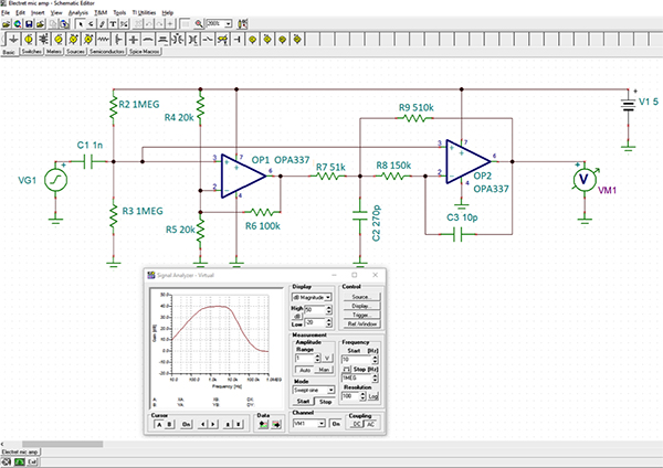 Image of TINA-TI simulation of an amplifier/filter