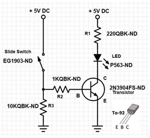 Diagram of 2N3904 circuit example for lighting an LED with a EG1218 slide switch