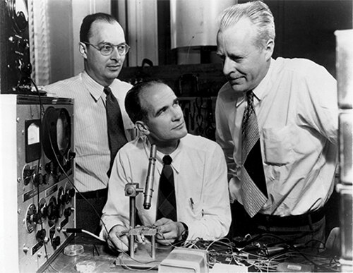 Image of John Bardeen, left, William Shockley, middle, and Walter Brattain, right