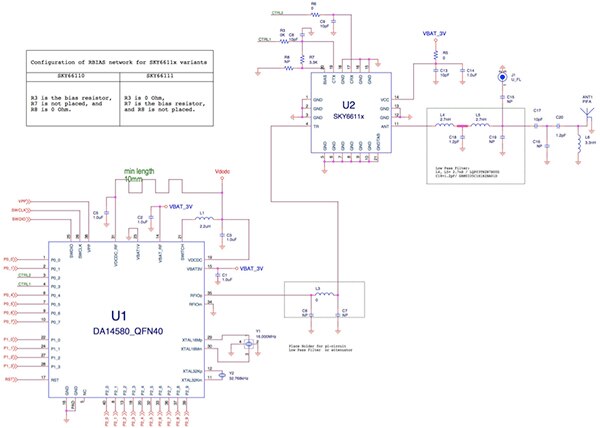 Diagram of Dialog Semiconductor Bluetooth transceiver RF I/O pin connection to the FEM (click for full-size)