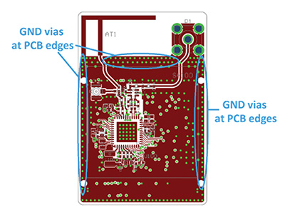 Image of Silicon Labs board layout transmission lines and ground vias