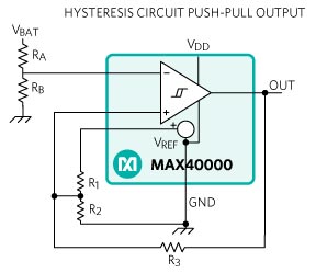 Diagram of nanoPower window comparator monitoring a battery voltage