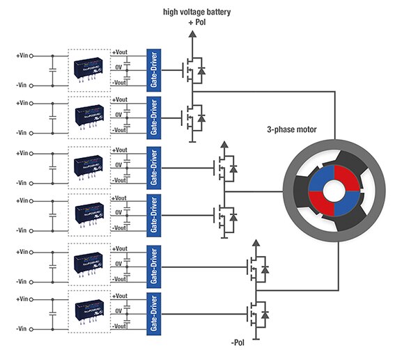 Schematic circuit diagram of three-phase inverter with six SiC MOSFET pairs