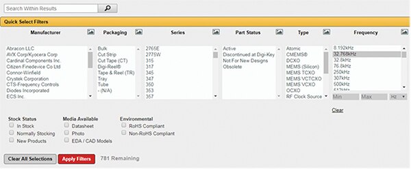 在 DigiKey 参数搜索引擎中选择 32.768 kHz 的振荡器。