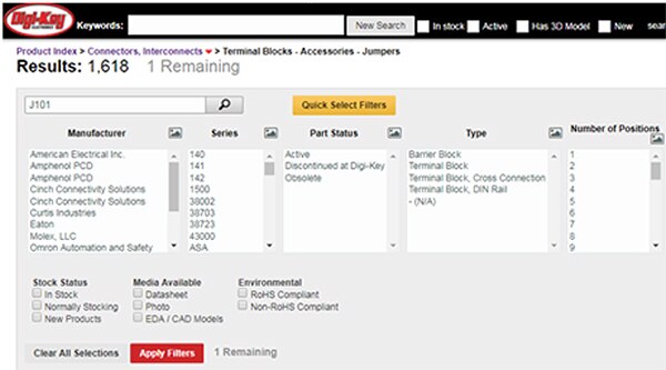 Image of Digi-Key part search example for the J101 jumper