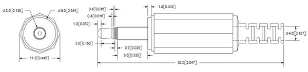Image of dimensions for a 3.5 mm audio plug