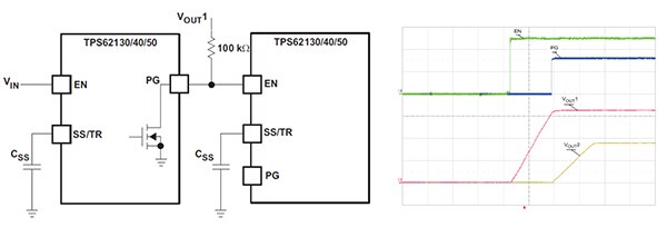 Diagram of multiple TPS82130 units configured for sequential timing