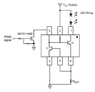 Application example of Diodes Incorporated AL5802 30 V adjustable current sink linear LED driver