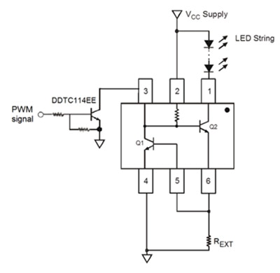 Application example of Diodes Incorporated AL5802 30 V adjustable current sink linear LED driver