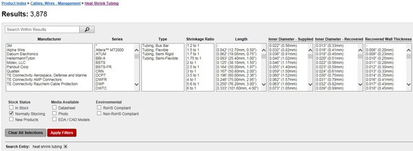 Image of DigiKey parametric options for heat shrink tubing (click to enlarge)