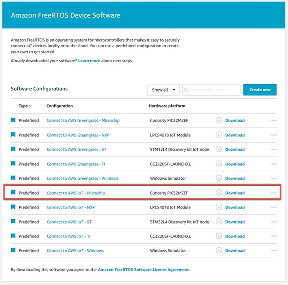 Amazon FreeRTOS 软件配置页面图片