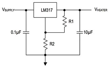 Texas Instruments 的 LM317 傳統線性穩壓器示意圖