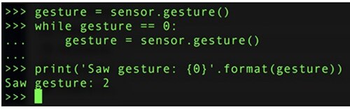 Image of example gesture output result from the Adafruit APDS-9960 CircuitPython library