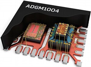 Image of Analog Devices ADGM1004 drive IC (left) and MEMS switch die (right)