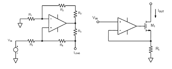 运算放大器（左）或带 MOSFET 升压输出的运算放大器（右）示意图