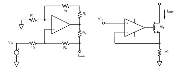 運算放大器 (左) 以及含 MOSFET 輸出升壓的運算放大器 (右) 示意圖