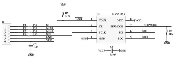 Maxim 的 MAX31723PMB1 数字温度计和温控器外设模块原理图