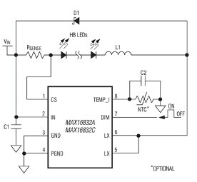 Maxim 的 MAX16832 高亮度 LED 驱动器应用电路的图片