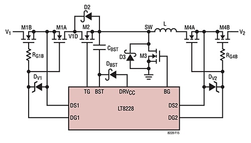 Linear Technology 的 LT8228 需要六个外部 N 沟道 MOSFET 示意图