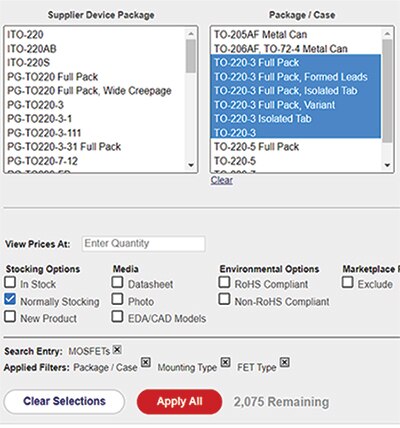 “Package / Case（封装/外壳）”的所有可用“TO-220-3”封装选项的图片