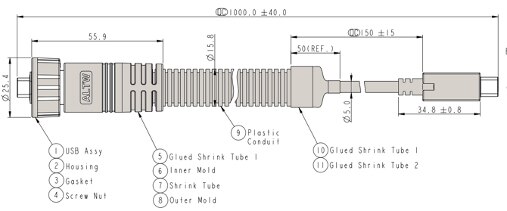 Amphenol 的 UC30FL-NCML-SC01 USB-C 电缆组件示意图