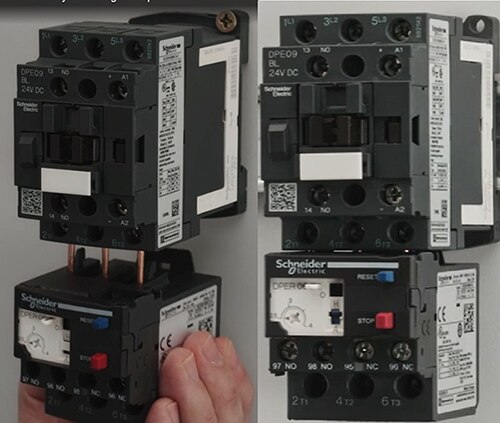 過載保護繼電器直接安裝於 DPE 接觸器下方示意圖