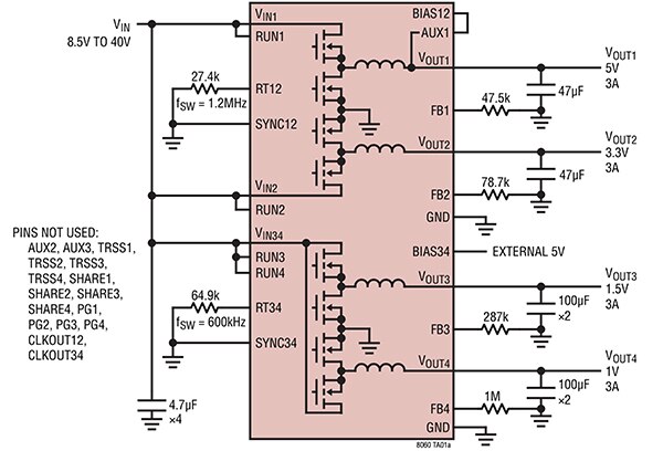 Analog Devices LTM8060 四通道 μModule 可配置阵列的图（点击放大）