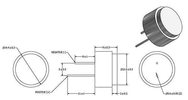 PUI Audio UTR-1440K-TT-R 基础型 40 kHz 超声波收发器示意图（点击放大）